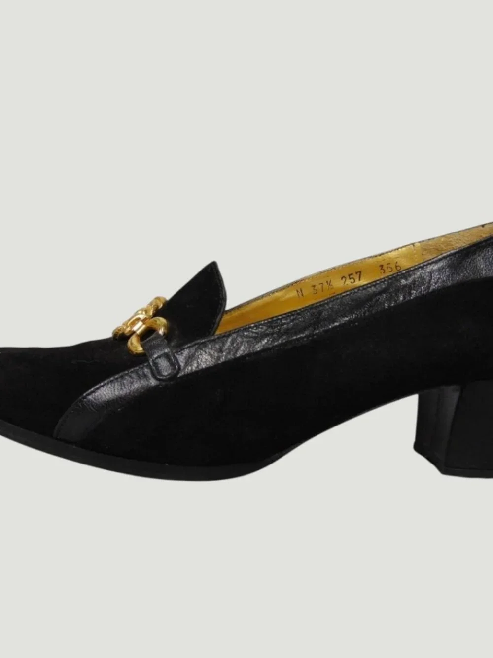 Vintage Alberto Gozzi Horsebit Heels Black Suede Italy 7.5 Gold Hardware